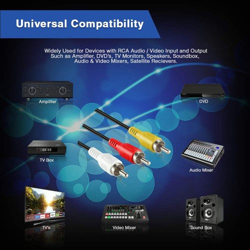 3 RCA to 3 RCA Male To Male Composite Audio Video AV Cable VCR DVD 5FT 1.5 Meter - Picture 3 of 8