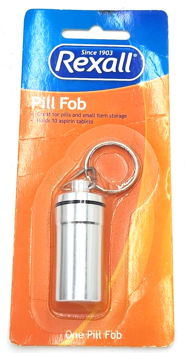 Rexall Deluxe Metal Pill Fob Keychain Holds 10 Aspirin O Ring Seal