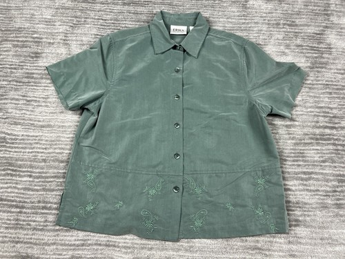 Erika Collection Top Damen Medium Grün Knopfleiste Bestickt Kurzarm