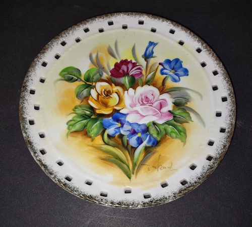 Vintage Norleans Handainted Floral Reticulated Gold Rim Plate 8" Japan