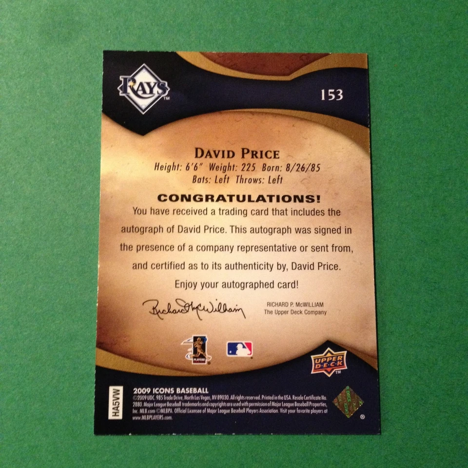 David Price 2009 Upper Deck Icons дебютант с автографом 040/150! Почти как новый!!! БЕСПЛАТНАЯ ДОСТАВКА!! - Изображение 2 из 3