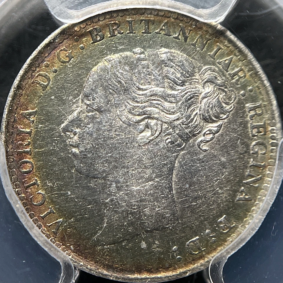 GREAT BRITAIN. 1881, 3 Pence, Silver - PCGS AU55 - Victoria, 🌈 Toned - Image 3 of 4