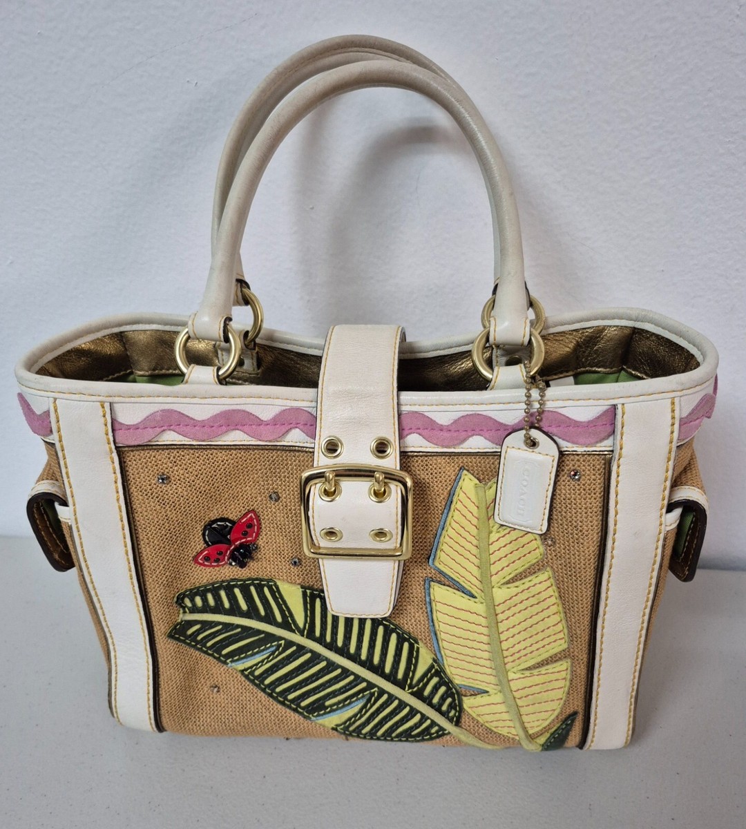 COACH #4439 Ladybug Motif Boxy Straw Tote Bag Limited Edition 2004