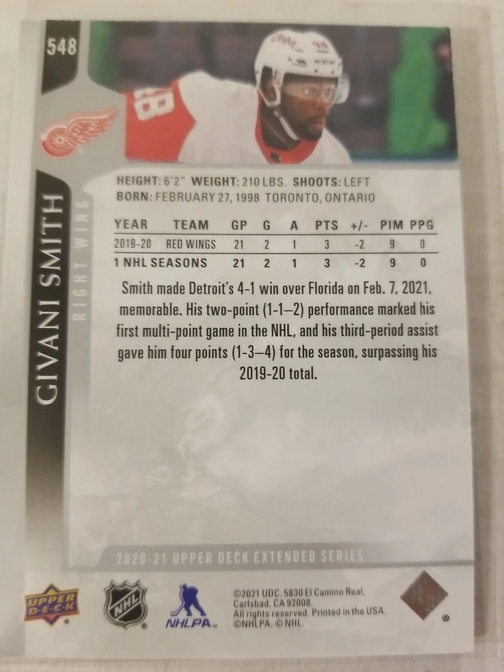 2020-21 Upper Deck #548 Givani Smith Detroit Red Wings - Image 2 of 2