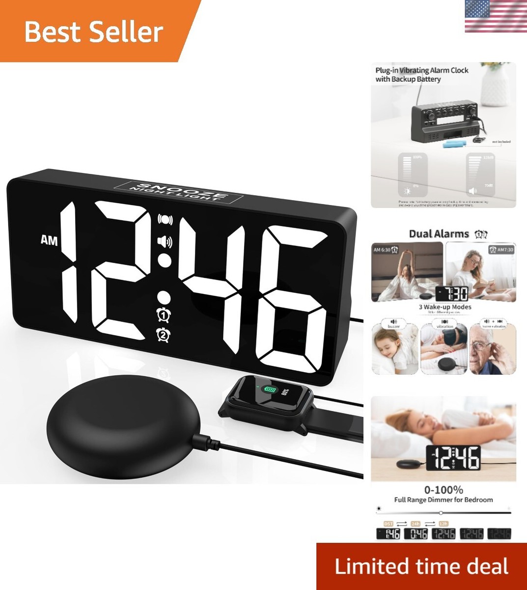 Vibrating Digital Alarm Clock with 3 Wake Modes & USB Charger – Perfect for  All