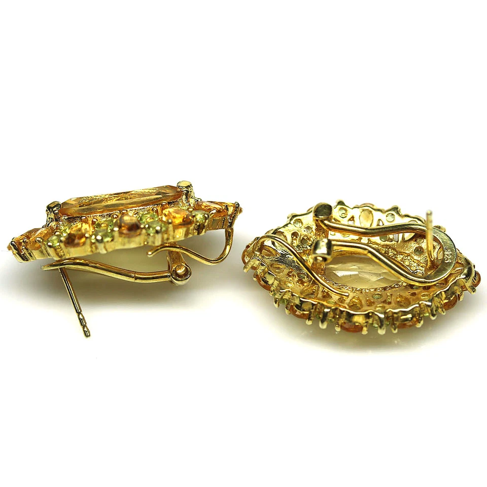 Edelstein 8 X 16 Mm. Gelber Citrin & Grüner Peridot Ohrringe 925 Silber 18K Gold - Bild 3 von 4