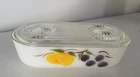 FIRE-KING VTG GAY FADS “FRUITS” PATTERN/RECTANGULAR REFRIGERATOR COVERED DISH