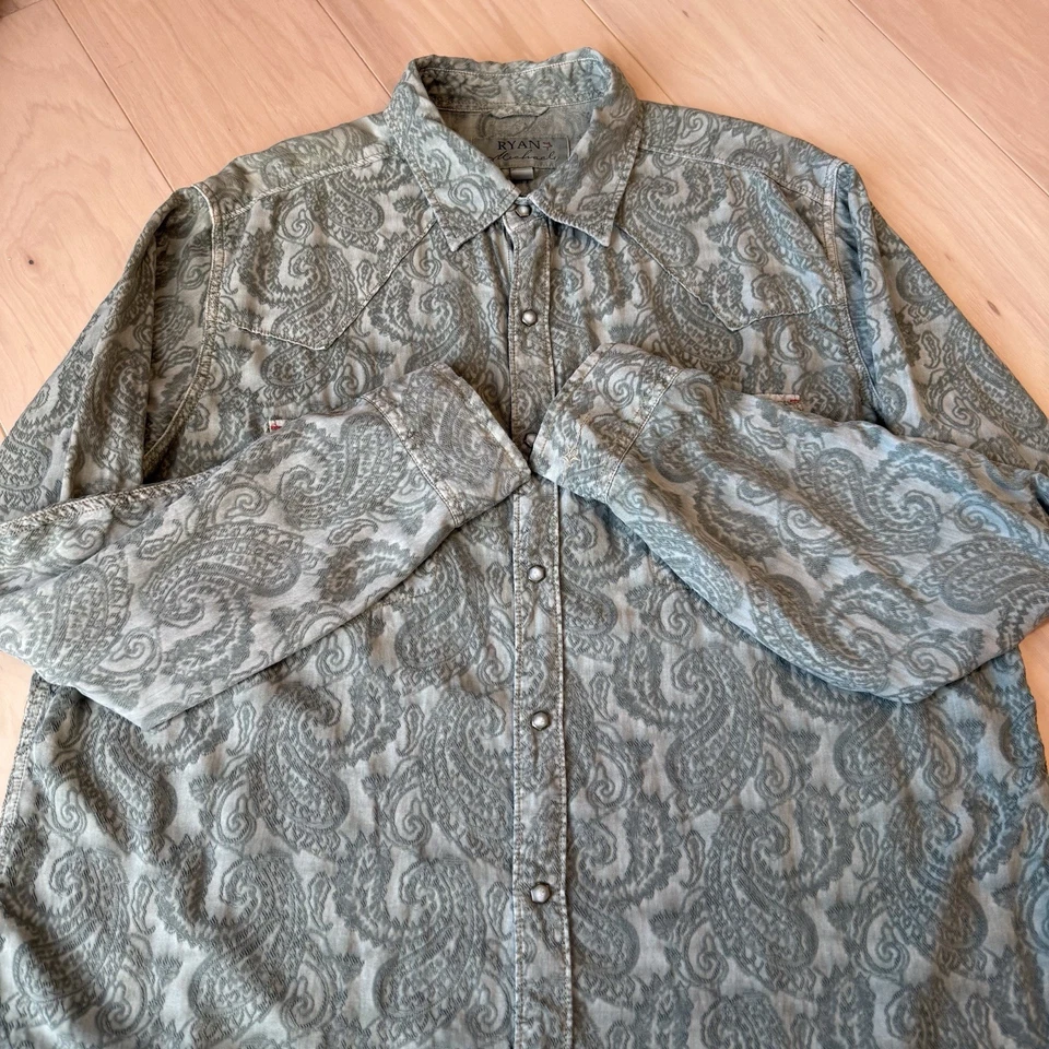 Camisa a Presión Ryan Michael Perla de Seda XL Verde Paisley Western Vaquero Abotonado Foto 4 de 4