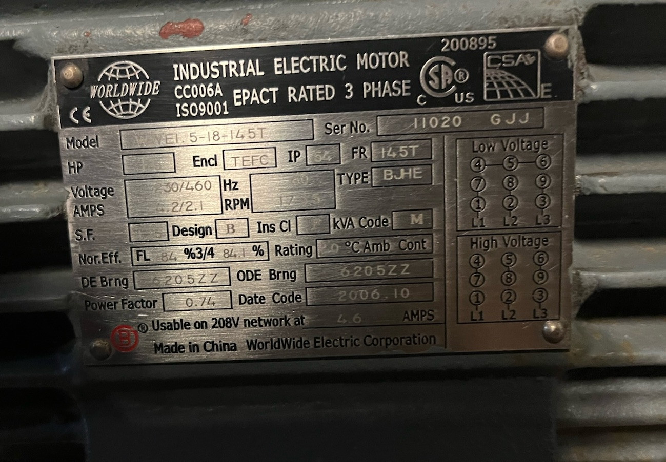 WORLDWIDE,WWE1.5-18-145T,EPACT RATED ELECTRIC MOTOR 3PH 1.5HP 1755RPM 145T