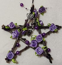 Cherry wood pentacle, purple roses, amethyst, heart, valentine/gift/pagan