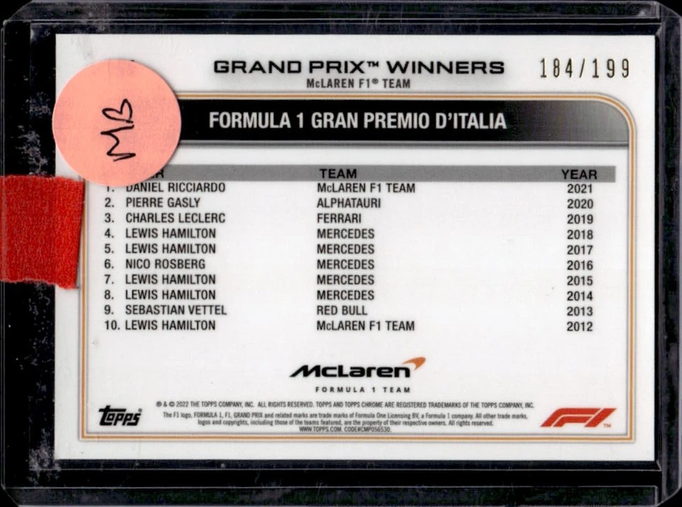 2021 Topps Chrome Sapphire F1 Daniel Ricciardo Refractor Chartreuse #184/199 - Image 2 of 2