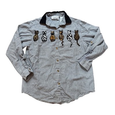 Casey & Max Cat Button Down Shirt Womens Blue Stripe Vintage Embroidered SIZE S