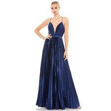 Mac Duggal 49039 Midnight Blue Pleated Plunge Neck Sleeveless Gown Size 10 NWT