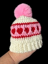 Handmade Crochet Infant Newborn Baby Beanie Hat Pom Hearts Valentine's Day
