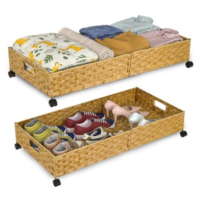 Under Bed Storage Containers with Wheels, 31.5  Large Handwoven Rattan Rollin...