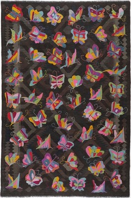 Kelim Kilim Teppich Orient Perser Rug Schwarz Schmetterling Kunst Pflanzenfarben
