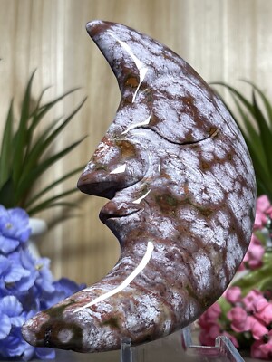 OCEAN JASPER MOON- Palm stone Lunar Face Carving Pink Purple Witch Crystal Decor