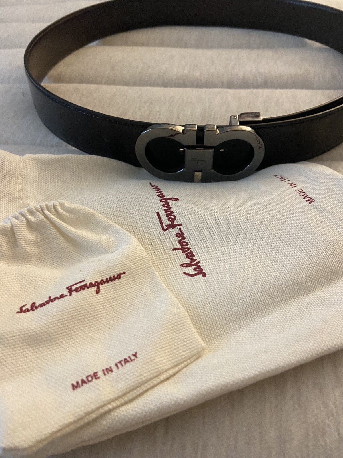 SALVATORE FERRAGAMO Dark Brown/Black Adjustable Gancini Belt size