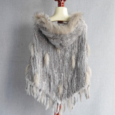 Knitted Real Rabbit Fur Womens Cape Cloak Winter Pullover Hooded Coat Outwear sz