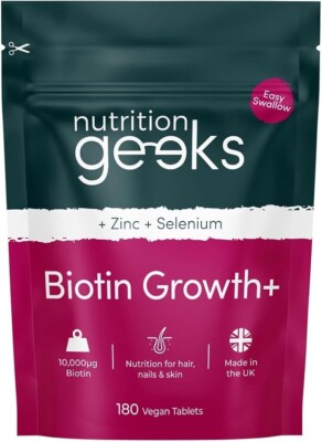 Nutrition Geeks Biotin Wachstum Zink & Selen, Haare Haut Nägel 180 vegane Tabletten