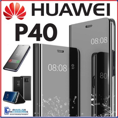 FLIP COVER FOR HUAWEI P40 P 40 BLACK BOOK CASE MIRROR CLEAR VIEW 360°