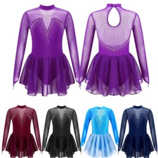 Kid Girls Rhinestone Figure Ice Skating Dance Dress Gymnastics Leotard Dancewear