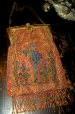 ANTIQUE FRENCH MICRO STEEL BEADED PURSE FIGURAL FRENCHMAN BRONZE SILK LINED MKD