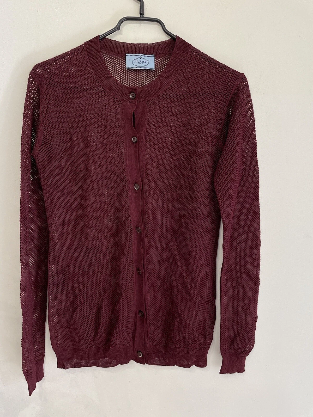 Prada Milano Cardigan Puro Forato 40 M S Maglione Viscosa Giacca Borgogna