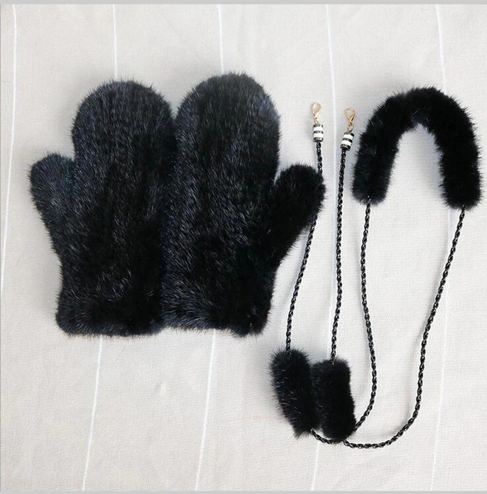 Real Natural Mink Fur Knitted Mittens Real Warm Winter Gloves Black or Brown