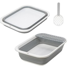 New gray foldable portable kitty cat litter box folds down for travel vacations