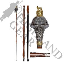Drum Major Mace Stave  Stick - 4 Parts Chrome with Lion Gold Embossed Head-