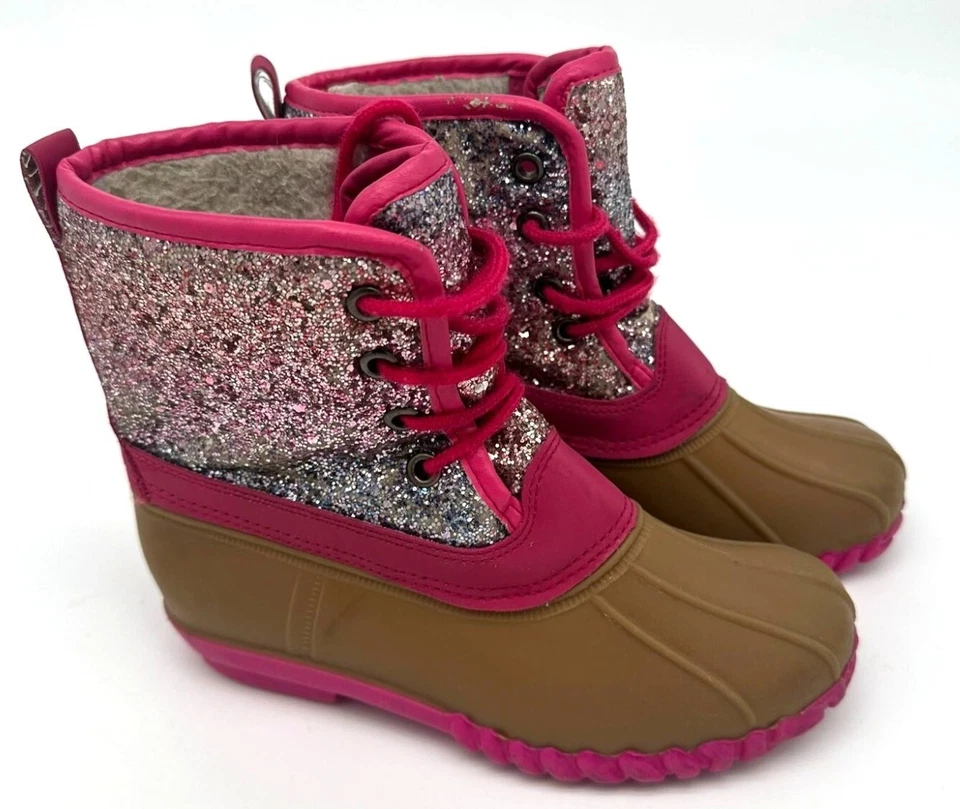 Olivia Miller Niñas Talla 12 Brillo Pato Botas Con Rosa y Marrón Impermeable Desi Foto 2 de 4