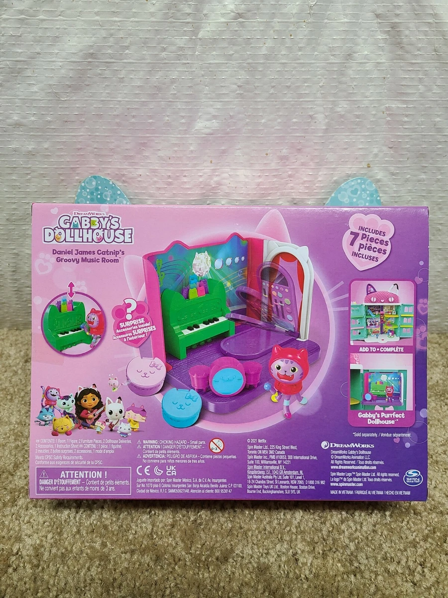 Gabby's Dollhouse, Groovy Music Room with Daniel James Catnip Figure, 2 Accessories, 2 Furniture Pieces and 2 Deliveries, Kids Toys for Ages 3 and Up
