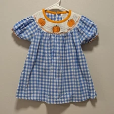 Blue and White Checkered Gingham Smocked Dress with Pumpkin Embroidery - Size 2