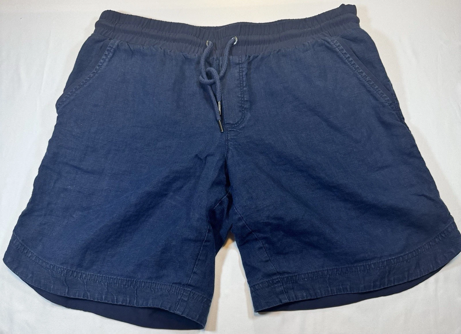 #2091 Athleta 100% Linen Pull On Shorts Womens 8 Navy Blue Drawstring SP19