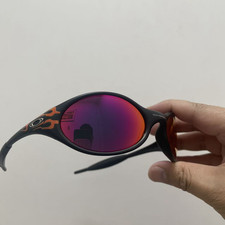 Retro Oakley Eye Jacket Red Fire Sunglasses Black Frames Purplish-Red Lenses Y2K