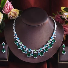 Silver Plated Drop Earrings and Necklace Green Zircon Crystal Bridal Jewelry Set