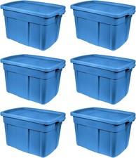 Roughneck Tote 18 Gal 6 Pack Made in USA Heritage Blue Rugged Plastic Stackable