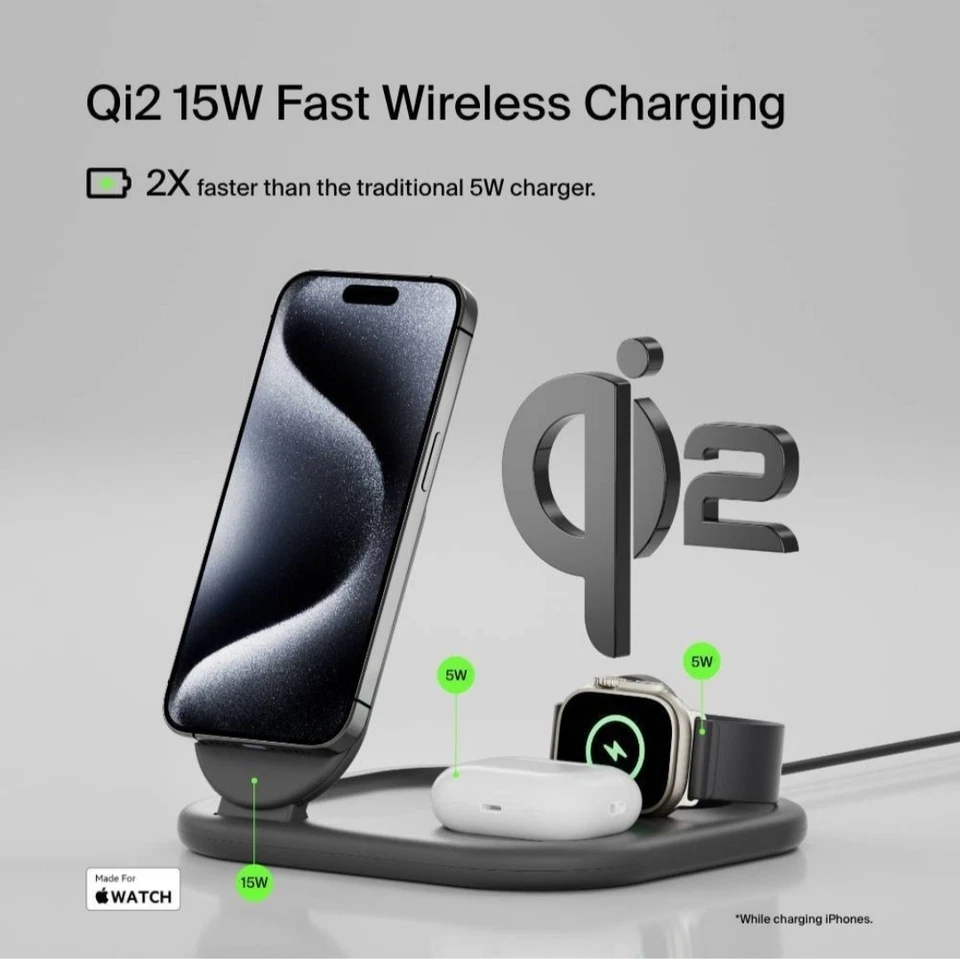 Belkin Boost Charge 3-in-1 Qi2 15W Magnetic Foldable Charger w/ Magsafe - Black - Image 2 of 4