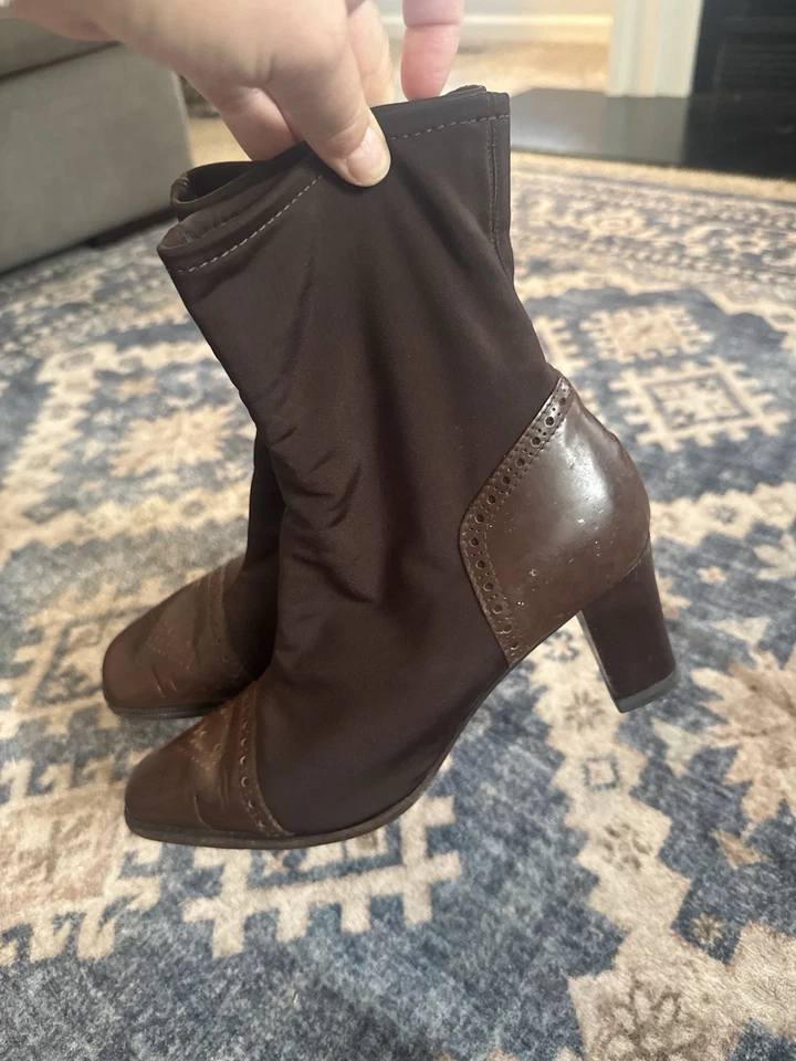 Bruno Magli Italy Brown Stretch Sock Leather Ankle Boots 9B Block Heel Womens - Image 2 of 4