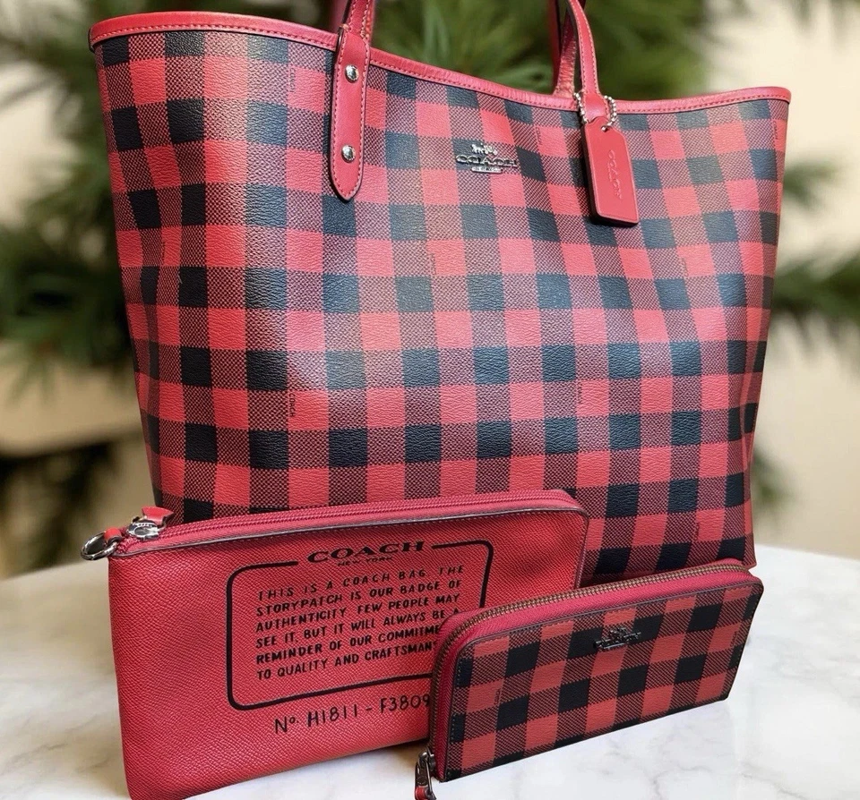 Bolso Coach F38094 Rojo Negro Buffalo Cuadros Reversible Bolso Cartera Bolsa con Cremallera Foto 2 de 4