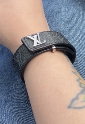 Louis Vuitton Wrap Buckle Leather Bracelet Black Silver LV Logo