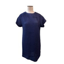 Navy Blue Textured Horizontal Pleated Short Sleeve Shift Dress Gold Back Zip