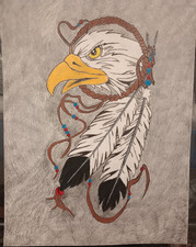 Eagle with Feathers and Beads Native American Tattoo Flash Art Drawing