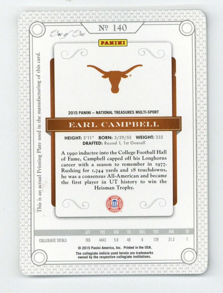 2015 National Treasures #140 Printing Plate Black Earl Campbell Texas  ID:416974 - Image 2 of 2