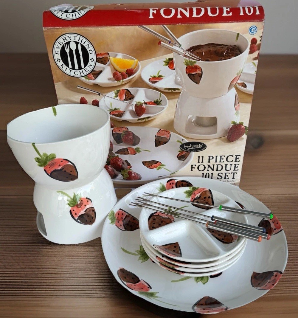 11pc Tabletops Ceramic Chocolate Strawberry Fondue Set Pot Platter Plates Forks