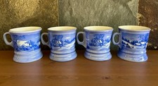 Currier & Ives Shaving Coffee Mugs Blue & White Winter Scene 3.5" Vintage Set 4