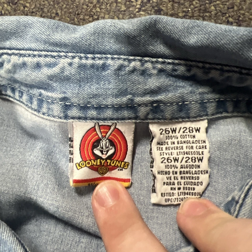  Camisa de mezclilla bordada vintage Looney Tunes azul claro piolín pájaro para mujer 26/28 Foto 4 de 4
