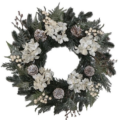 BINFEN 20  Glitter Pine Christmas Winter Wreath with Metallic Silk Hydrangea ...
