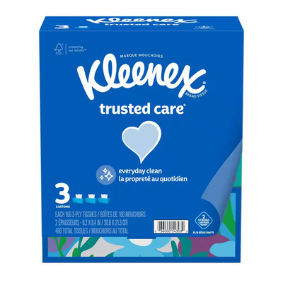 Kleenex Trusted Care Facial Tissues, 3 Flat Boxes, 160 Tissues per Box, 2-Ply (4